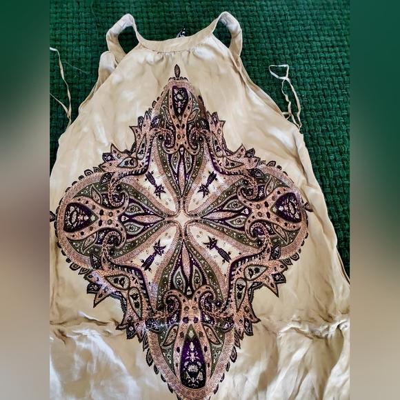 Bohemian Cream and Purple Guess Top,Size 3, 100% Silk,Black rope on waist - Picture 10 of 16